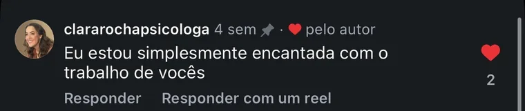 Comentário fixado de @clararochapsicologa, curtido pelo autor: Eu estou simplesmente encantada com o trabalho de vocês